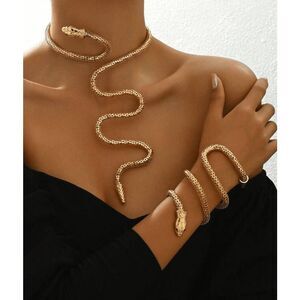 ✨🐍 2PCS Gold Snake Bendable Design Blingy Statement Bracelet & Necklace Set NEW